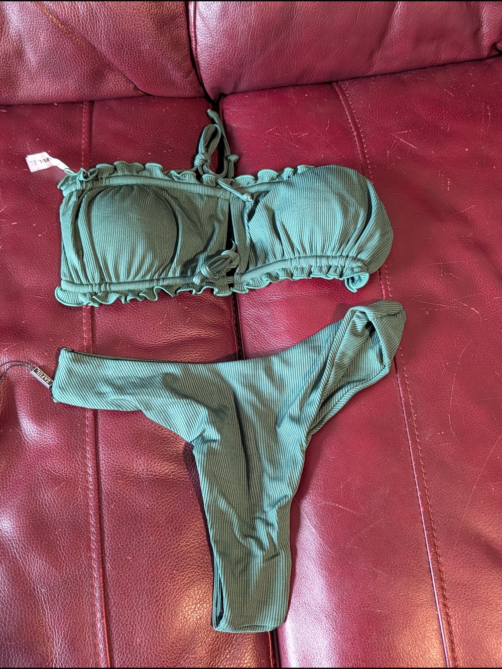 Green Ribbed Bandeau Bikini Set